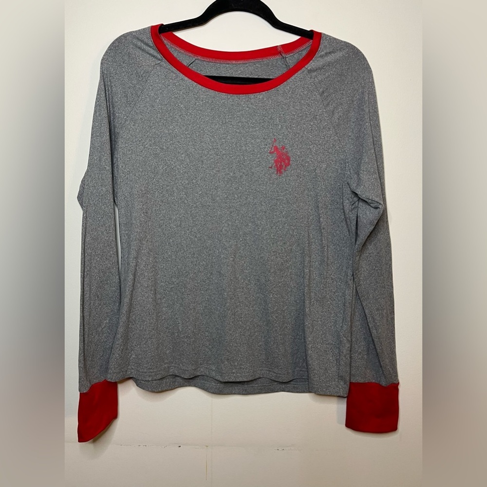 Men’s US Polo Assn Gray And Red Long Sleeve Casual Crew Neck Shirt Soft Size LG